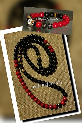 #ad Lucky Dragon Black Red Gold 10mm Healing Gemstone Beaded Mens Yoga Necklace