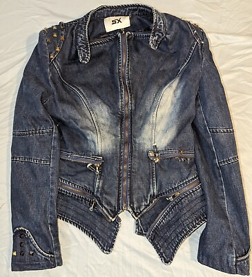 #ad Fashion SX Denim Jean Jacket XL Motorbike Punk Womens Blue Color
