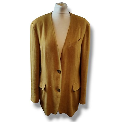#ad Max Mara Womens Blazer Jacket Brown UK 18 Pure Linen 2 Button Collarless Plus