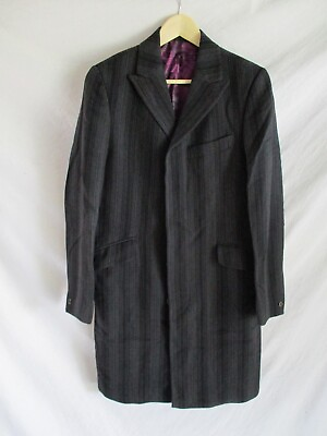 #ad Ted Baker black gray stripe wool peak lapel dress overcoat coat 2 Small