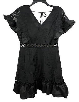 #ad The Clothing Company Embroidered Floral Black Dress Large V Neck Flutter S S