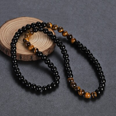 #ad Mens Beads Necklace Black Obsidian Tiger Eye Stone Healing Chakra Necklace 24#x27;#x27;