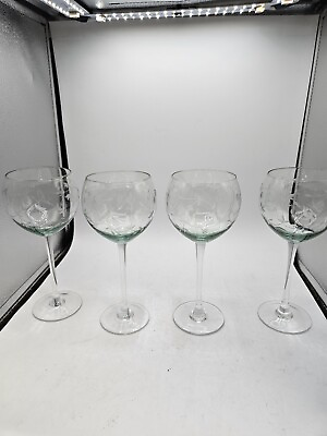 #ad VTG. Lenox Ballon Wine Shaped Glasses Long Stem Etched Floral Pattern Green Tint