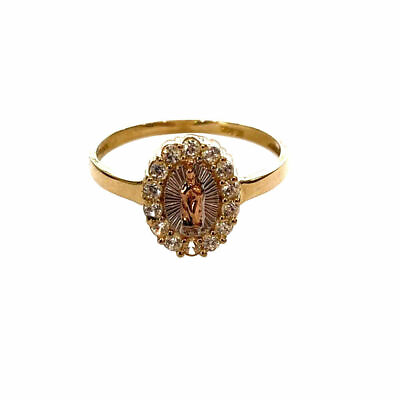 #ad 14kt Solid Yellow Gold Tri color Virgin Mary Ring w Cz Sz 7
