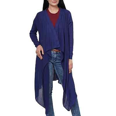 #ad Navy Blue Knitted Front Open Waterfall Cardigan Push Up Sleeves 100% Cotton M