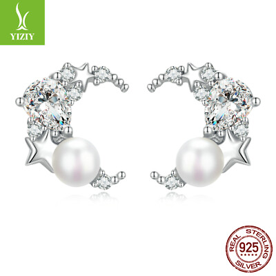 #ad Fashion Women Authentic 925 Sterling Silver Moonamp;Pearl Stud ear Earrings Jewelry