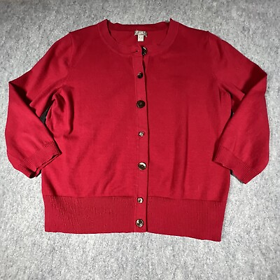 #ad J Jill Sweater Womens Medium Red Cardigan Buttons 3 4 Sleeves Stretch Outerwear