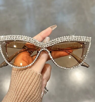 #ad New Women#x27;s Cat Eye Fashion Sunglasses Champagne Rhinestone Details