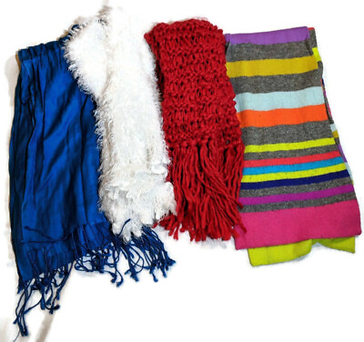 #ad Womens Scarves Lot Rainbow Colorful Fluffy Blue Red White Yarn Fluted