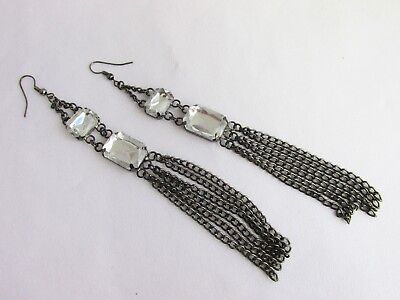 #ad 5quot; Long Black Chrome Tassel Earrings Hooks Sparkling Rhinestones