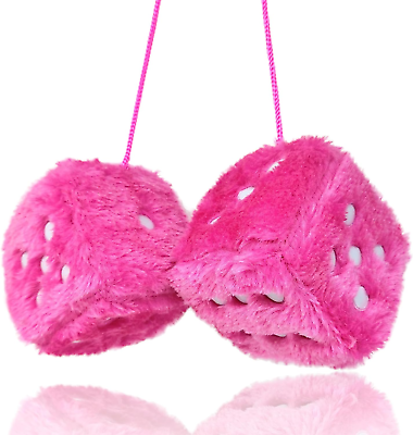 #ad Fuzzy Plush Dice for Car Mirror Pair of Retro 3” Pink Dice with White Dots for