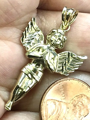 #ad GOLd Angel Pendant 10k charm Necklace diamond cut religious Gift love pray 1.40quot;