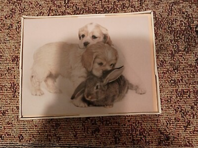 #ad 8 Vintage Greeting Card Blank Cute Puppies with Bunny Hallmark