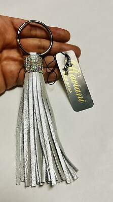 #ad Raviani Silver Leather Fringe Keychain W AB Crystal Mesh Made in USA