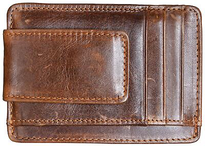 #ad Money Clip RFID Front Pocket Wallet Men Leather Slim Minimalist Wallet Brown