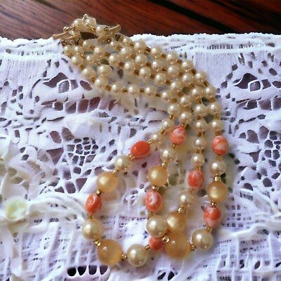 #ad Peach Multi Strand Beaded Necklace Faux Pearl Choker Adjusts Gold Tone Moonglow $16.90