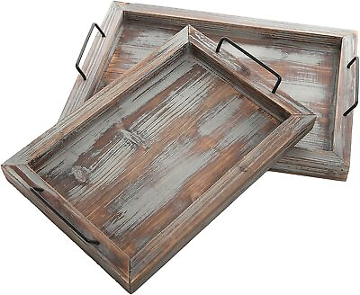 #ad Set of 2 Country Rustic Brown Wood Finish Nesting Serving Trays w Metal Handles