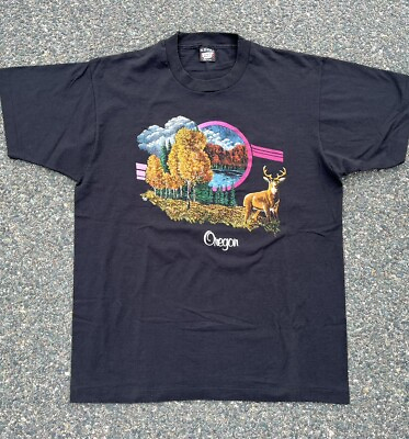 #ad Vintage Oregon 80s Retro Print Screen Stars Deer Nature T Shirt XL Single Stitch
