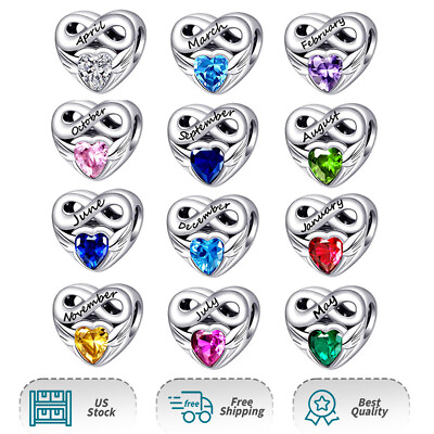 #ad Women Real 12 Months Birthstone Heart Charm 925 Sterling Silver Bracelet Charm