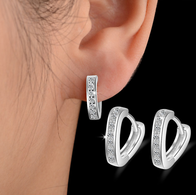#ad Women 925 Sterling Silver Plated CZ Heart Huggie Hoop 15mm 10mm Earrings I104