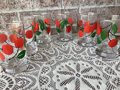 #ad Vintage Retro Libbey Cherries Glass 6 Juice Glasses Red Cherry Design