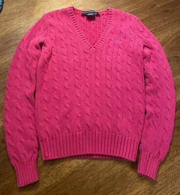 #ad Ralph Lauren Sport Womens Cable Knit Sweater Size XS Hot Pink V Neck Pullover