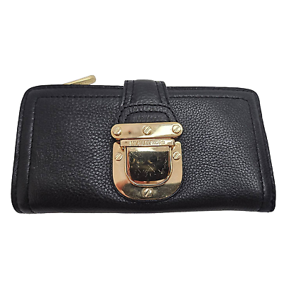 #ad Michael Kors Black Gold Buckle AP 1010 Pebbled Leather Wallet Designer Casual