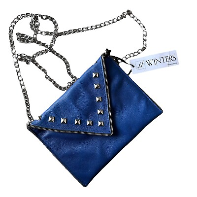 #ad NEW JJ Winters Bohemian Studded Blue Leather Andi Crossbody Chain Bag Clutch