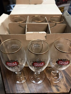 #ad 6 Pack Box Of Stella Artois Belgium Glasses 40cl With Gold Rim 600 Years Brew