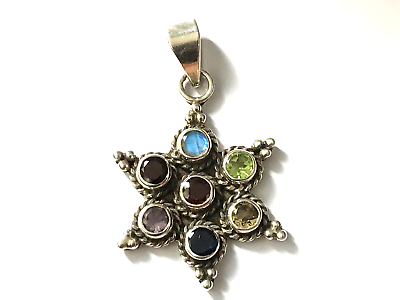 #ad 925 Sterling Silver Star Shaped Multi Stone Vintage Pendant