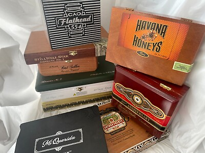 #ad Lot of 10 Cigar Boxes Ornate med sized decorative wooden and hard board. SORND
