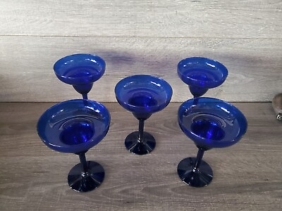 #ad Vtg Set Of 5 Cobalt Blue Glasses Margarita Glasses