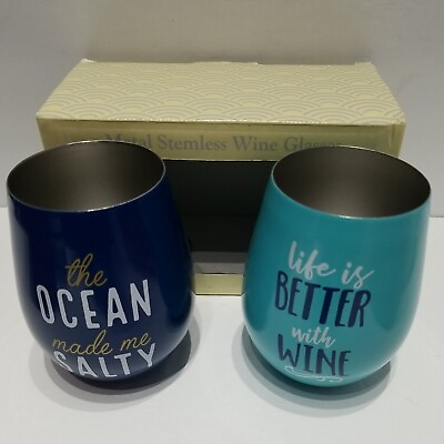 #ad Set of 2 Stemless Wine Glasses Ocean Made Me Salty amp; Life is Better w Wine