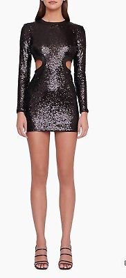#ad Staud Dolce Black Long Sleeve Sequined Cut Out Mini Cocktail Party Dress S New