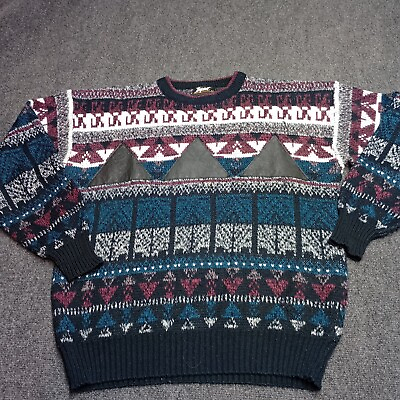 #ad Vintage Impact Sweater Men Large Fair Isle with Leather Patches Crew Neck Knit