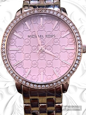 #ad Michael Kors Womens MK 3156 Watch Argyle Logo Rose Gold Pink Dial New Battery