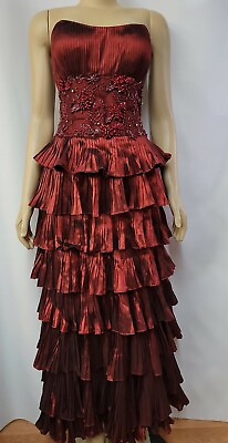 #ad TERANI Red Ruffled Tiered Maxi Dress Women#x27;s Size 8 Strapless Embellished #CB5