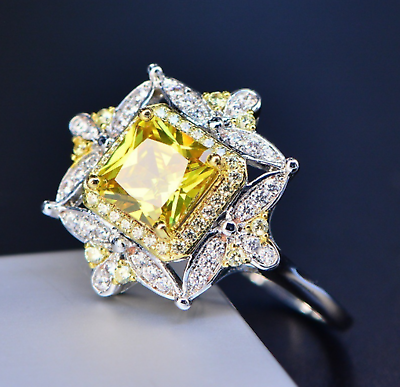 #ad Silver Flower Princess Yellow CZ Rhombus Promise Solitaire Ring