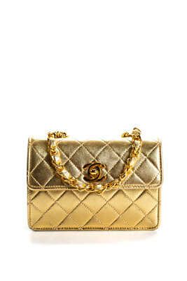 #ad Chanel Womens Mini Metallic Quilted Turnlock Flap Bag Crossbody Handbag Gold