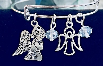 #ad Praying Angel Silver charms With Glass Beads Expandable Bangle Bracelet