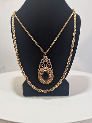 #ad Unique Gold Amber Gem Pendant Duel Chain Gold Tone Necklace *46 $25.00