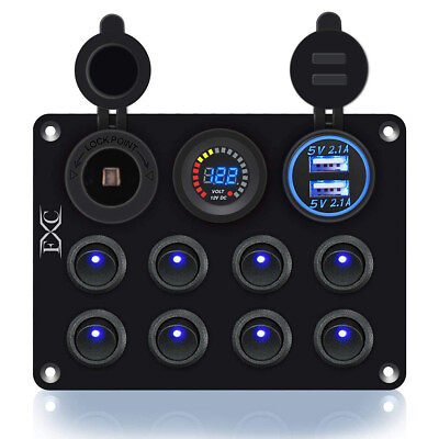 #ad 8 Gang Car Boat Marine RV Blue LED Toggle Rocker Switch Panel Circuit Breakers