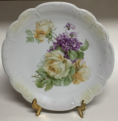 #ad Round Scalloped Plate w Roses Violets 11.75quot; Display Germany
