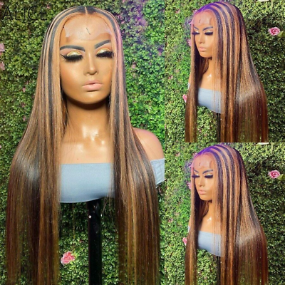 #ad 13x4 Lace Front Highlight Wig Human Hair Straight 180% Density With Human Hair