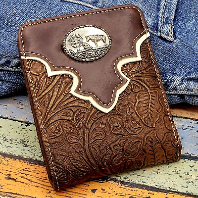 #ad Praying Cowboy Mens Wallet Short Bifold Embossed Brown Faux Leather