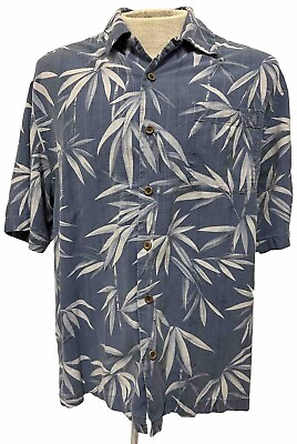 #ad Jamaica Jaxx Island Style Mens M Blue Tropical Leaves Silk Hawaiian Camp Shirt