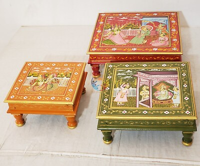 #ad Indian Unique design Wooden Handpainted Chowki with figure painting bajot