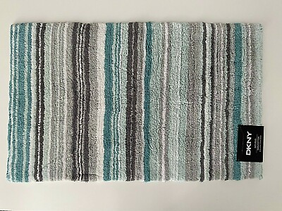 #ad DKNY Bathroom Rug Mat Aqua Gray White Stripes 17quot; x 24quot; Soft Cotton C1