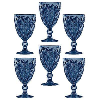 #ad SET OF 6 Night Sky Blue Goblet Wine Glasses 11 fl oz Faceted Wine Glasses
