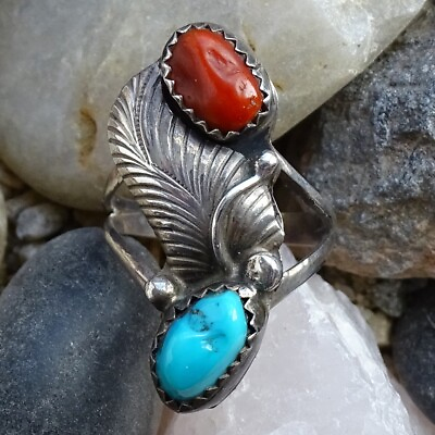 #ad Navajo Turquoise Nugget Coral Ring Sterling Silver Size 5 1 2 Native American